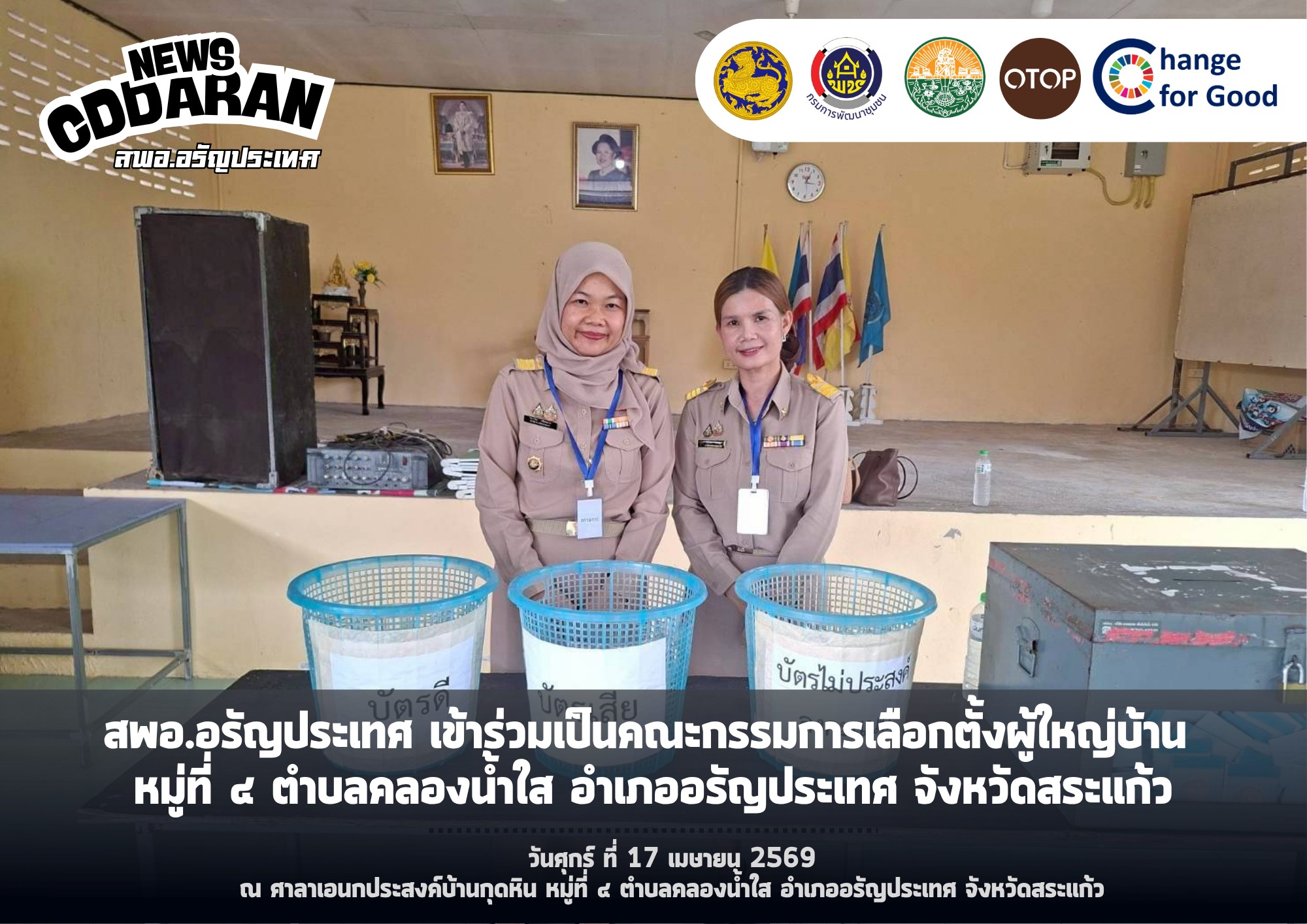 สพอ.อรัญประเทศ เข้าร่วมปฏิบัติหน้าที่เป็นคณะกรรมการในการดำเนินการเลือกตั้งผู้ใหญ่บ้านคนใหม่  หมู่ที่ 4 ตำบลคลองน้ำใส อำเภออรัญประเทศ จังหวัดสระแก้ว  