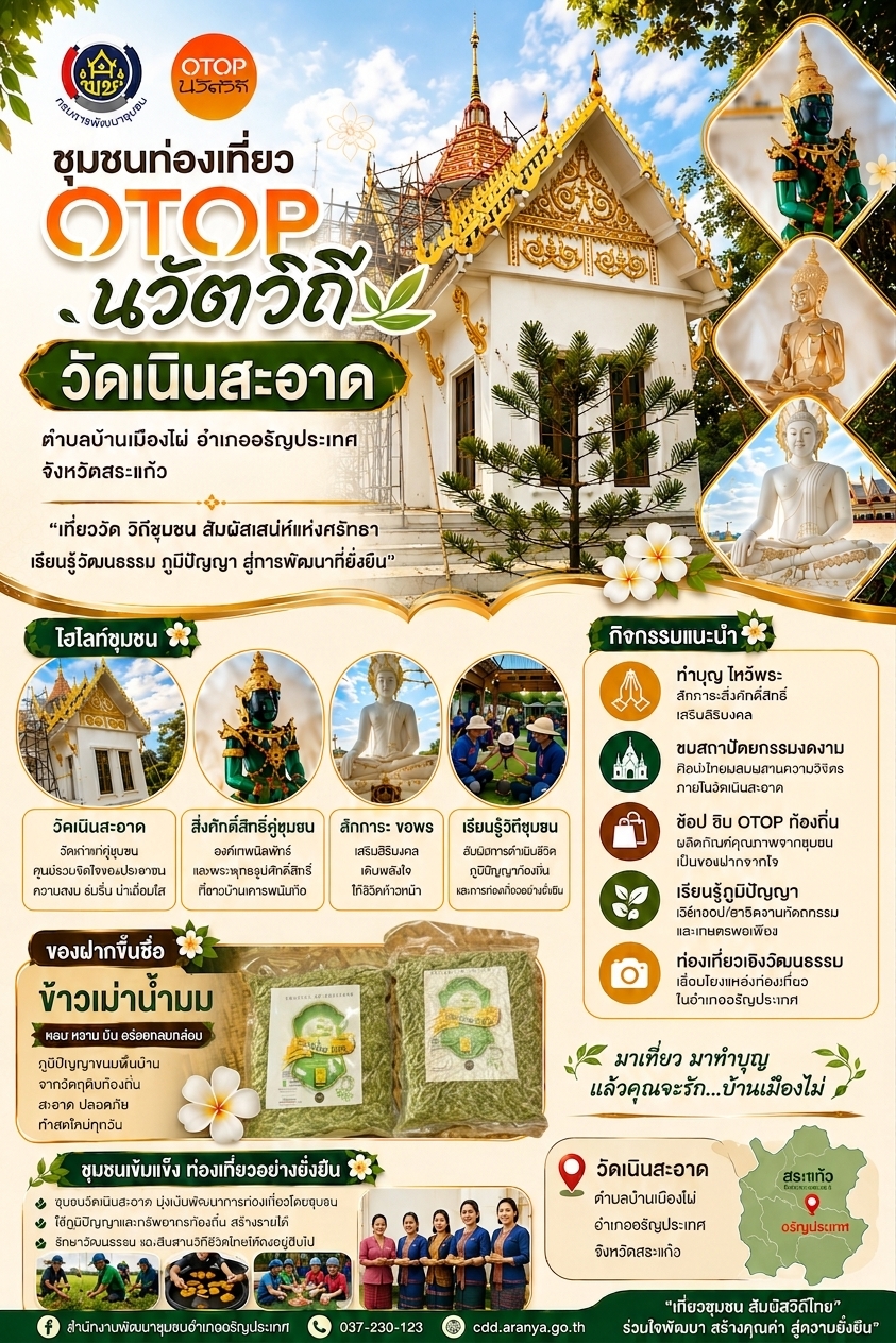 ชุมชนท่องเที่ยว OTOP นวัตวิถี  ตำบลเมืองไผ่ วัดเนินสะอาด อำเภออรัญประเทศ จังหวัดสระเเก้ว 